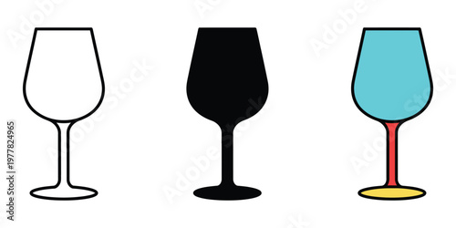 Three wine glasses in different styles isolated on transparent background