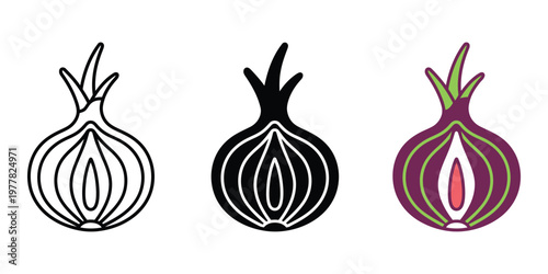 Three onions in black, white, and purple isolated on transparent background