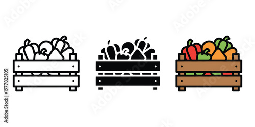 Three wooden crates filled with colorful vegetables isolated on transparent background