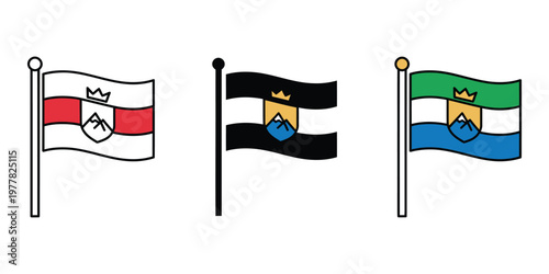 Three flags with crowns and emblems isolated on transparent background