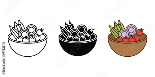 three bowls of salad ingredients isolated on transparent background