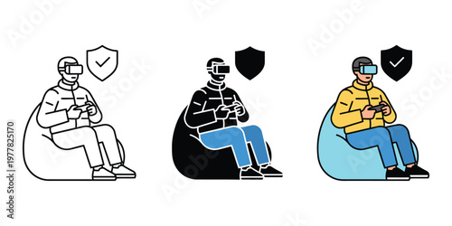 Virtual reality gamers with security shield isolated on transparent background