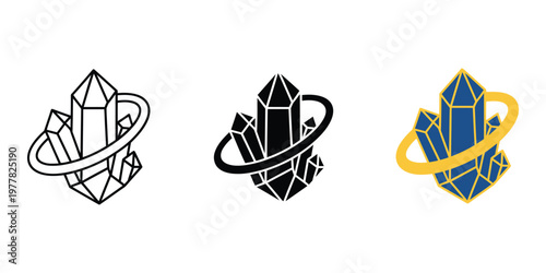 Crystal cluster with orbiting ring in black, white and color isolated on transparent background