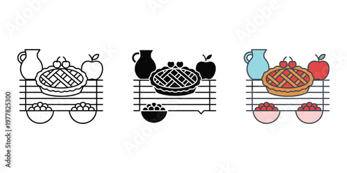 three pie illustrations with apples and jugs isolated on transparent background