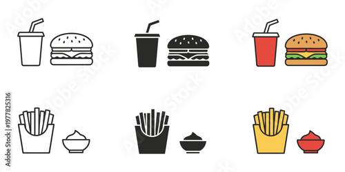fast food icons including burgers, fries, and drinks isolated on transparent background