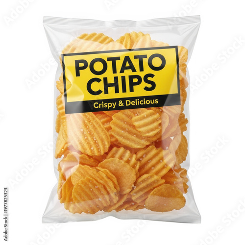 Bag of potato chips with a yellow label isolated on transparent background
