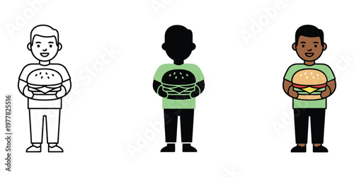 Three diverse people holding burgers isolated on transparent background