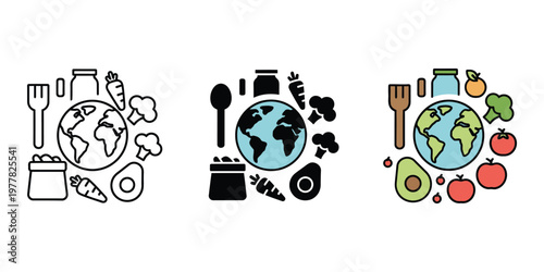 set of earth icons with food and utensils isolated on transparent background