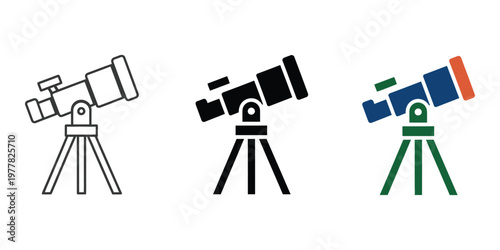 Three telescope icons in different colors isolated on transparent background