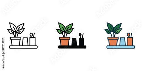 set of plant potted plants with gardening tools isolated on transparent background