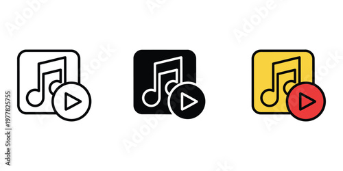 play button icons with musical notes isolated on transparent background