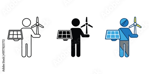 stick figures holding solar panels and wind turbines isolated on transparent background