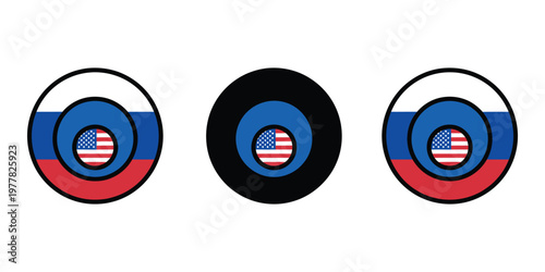 Russian and American flags in intersecting circles isolated on transparent background
