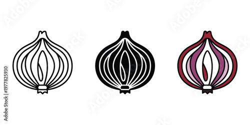 Three onion icons in black, white, and red isolated on transparent background
