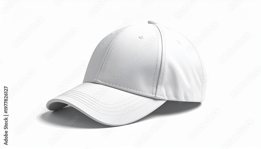 Fototapeta premium A white baseball cap is shown on a plain background