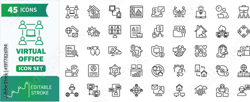 Virtual office icon set for remote work and telecommuting. Collection of icons illustrating concepts of virtual office, freelance, and remote work.
