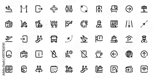 Airport icon set. Vector symbols for arrivals, departure, luggage, security, lounge, food, parking, wifi and more. Thin line travel icons.