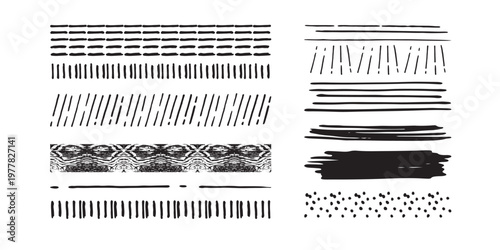 Assortment of hand drawn stroke lines, abstract doodle patterns, and grunge textures in black and white.