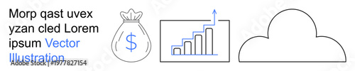 Business development, cloud technology, financial growth, investments, analytics, ecommerce. Money bag, data chart with growth arrow and cloud. Financial growth and cloud technology concepts
