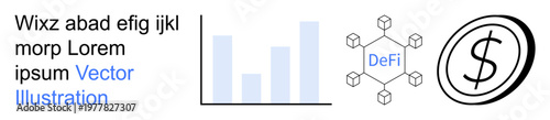 Financial technology, blockchain, decentralized finance, cryptocurrency, data analysis, investment. a bar chart, blockchain network and a dollar sign. Blockchain and cryptocurrency