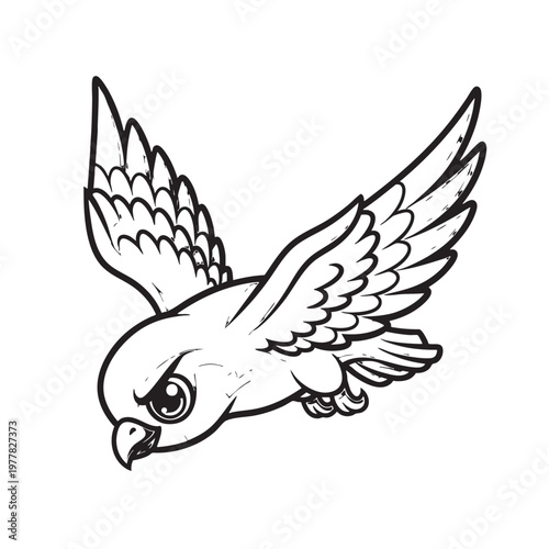 Cartoon illustration of a majestic hawk in flight, with sharp eyes and spread wings, capturing its predatory essence and aerial prowess