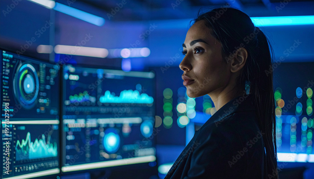 Fototapeta premium Vigilant Technician in Data Center: A focused technician stands in a dimly lit data center, her gaze fixed on the complex data streams displayed on a bank of monitors. Highlighting innovation.