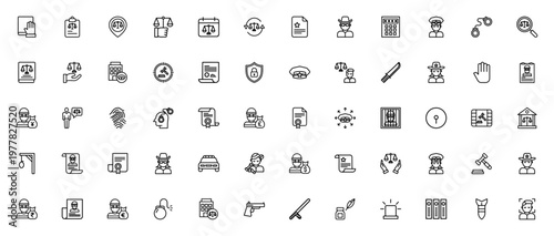 Law and Crime icon set. Vector symbols for police, court, judge, contract, thief, sheriff, trial, jail, and more. Editable thin line icons.