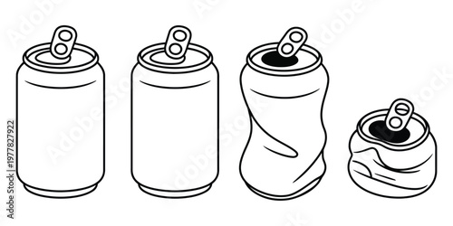 Crushed aluminum can outline drawing set, detailed hand drawn vector illustrations of dented soda cans in black and white, recycling waste concept isolated on clean background