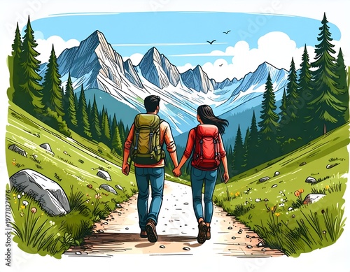 Couple Hiking in Majestic Mountains with Lush Green Valleys.