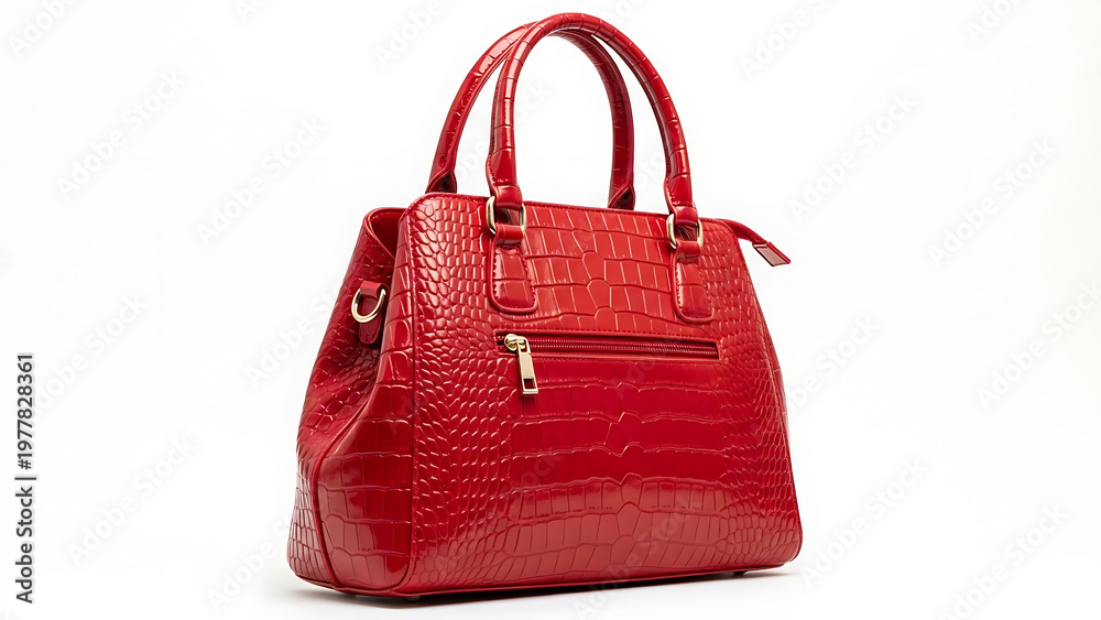 Naklejka premium A vibrant red handbag with a textured crocodile pattern and dual carrying handles. high-quality professional detailed modern elegant stylish clean