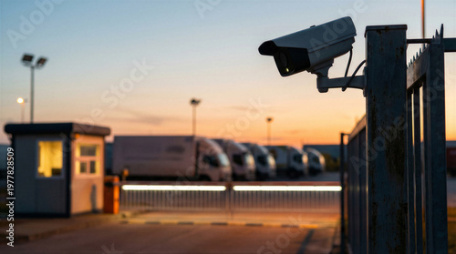 Wallpaper Mural Security camera monitoring a logistics facility entrance with trucks and a guard booth at sunset Torontodigital.ca