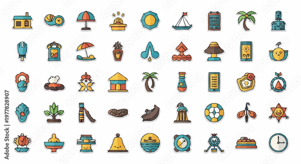 Fototapeta premium Collection of diverse icons representing travel leisure and objects.