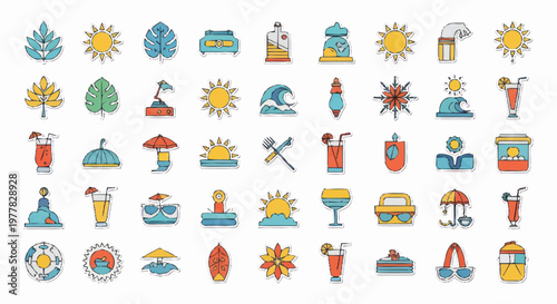 Collection of Summer Vacation and Beach Icons.