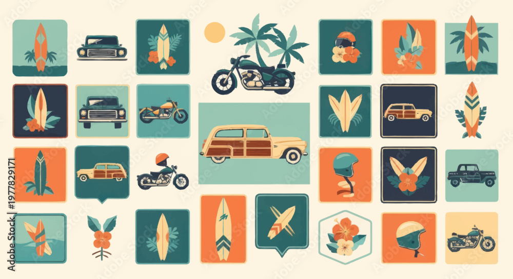 Obraz premium Retro Summer Vacation Icons and Illustrations.