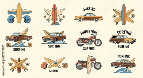 Retro Surfboard and Vehicle Emblem Collection.