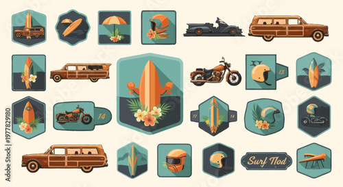 Retro Surf Van and Motorcycle Icons Collection.