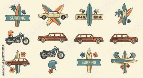 Retro Surfing and Transportation Icons Collection.