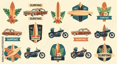Retro Surf Style Elements Collection with Cars and Motorcycles.