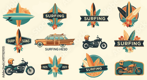 Retro Surfing Emblems and Vehicles Collection.