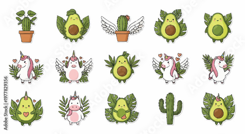 Cute Kawaii Avocado and Unicorn Illustrations Collection.