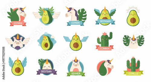 Cute Cartoon Avocados Unicorns and Cacti Stickers Collection.