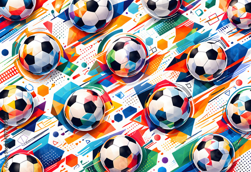A vibrant and colorful composition featuring multiple soccer balls arranged on a dynamic abstract background high quality