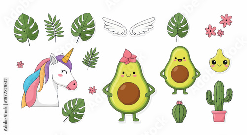 Cute cartoon avocado characters and unicorn illustration elements.