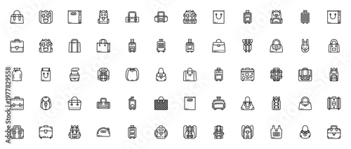 Bags icon set. Vector pack of handbag, backpack, suitcase, briefcase, sport bag, clutch, rucksack and more. Editable stroke line icons.