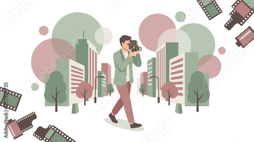 A Photographer Capturing Urban Scenes with vintage Camera, Surrounded by Film Rolls and Buildings. 