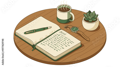 A cozy study scene. A personal notebook is open, waiting to be written, next to a pen, hot coffee, succulents, and a wrist watch. Ideal for concepts of writing, relaxing or planning.