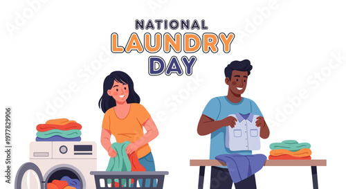 A bright vector illustration depicts a woman putting clothes into a laundry basket by a washing machine and a man folding laundry on an ironing board against a white background for National