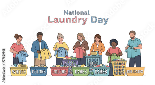 A diverse group of people stand behind laundry baskets filled with sorted clothes, commemorating National Laundry Day in a vector illustration with a clean and organized laundry room