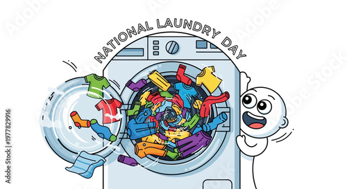 Whimsical vector illustration celebrating National Laundry Day, featuring a cheerful cartoon character next to a washing machine overflowing with vibrant clothes against a clean white