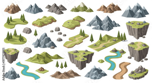 Isometric landscape map elements, low poly mountain and forest vector set, floating islands and river tiles for game design and world building isolated PNG with Transparent Background